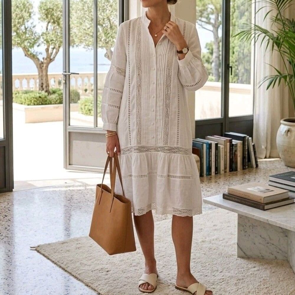 Carolina Herrera 100% Linen Midi Shirt Dress White L Tiered Lace Quiet Luxury